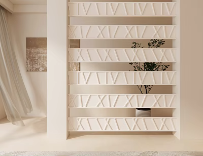 White Room Divider With Geometric X Pattern In Modern Interior With Curtain And Plant 3d model