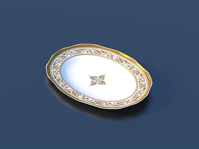 Elegant White Oval Dinnerware Set With Gold Rim And Decorative Pattern 3d model