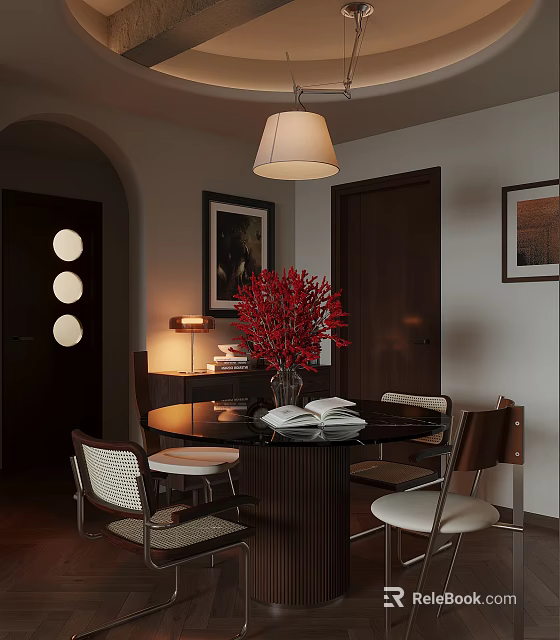 Elegant Restaurant Interior With Arched Doorway Round Dining Table Red Floral Arrangement And Pendant Lamp 3d model 