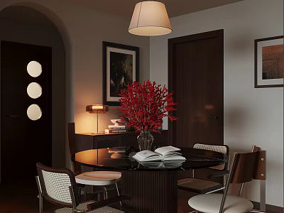 Elegant Restaurant Interior With Arched Doorway Round Dining Table Red Floral Arrangement And Pendant Lamp 3d model