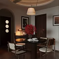 Elegant Restaurant Interior With Arched Doorway Round Dining Table Red Floral Arrangement And Pendant Lamp