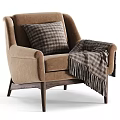 Beige Accent Chair with Plaid Pillow and Fringed Plaid Blanket on Dark Wooden Legs