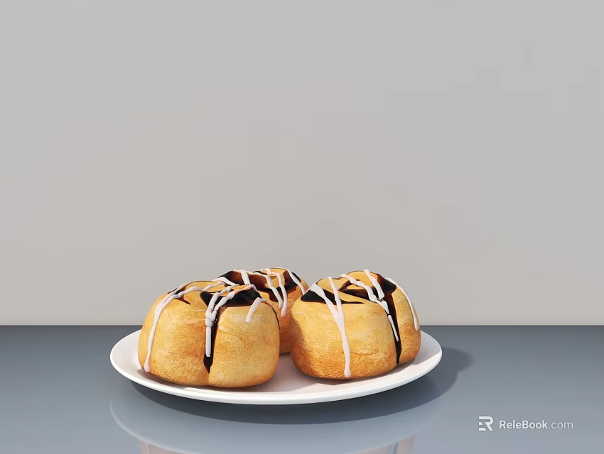 Fresh Baked Donuts With Chocolate Drizzle On White Plate Gray Tabletop 3d model 