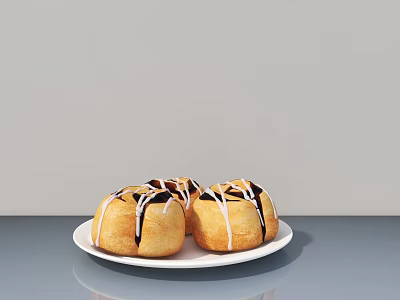 Fresh Baked Donuts With Chocolate Drizzle On White Plate Gray Tabletop 3d model