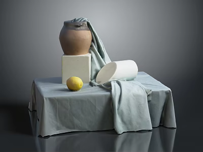 Still Life Interior With Gray Cloth Clay Pot White Cube Lemon And White Paper Roll 3d model