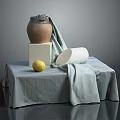 Still Life Interior With Gray Cloth Clay Pot White Cube Lemon And White Paper Roll