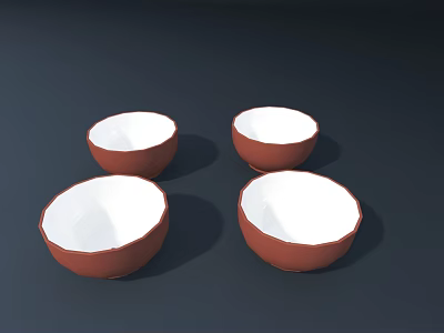 Four Ceramic Bowls With Terracotta Exterior And White Interior On Dark Background 3d model