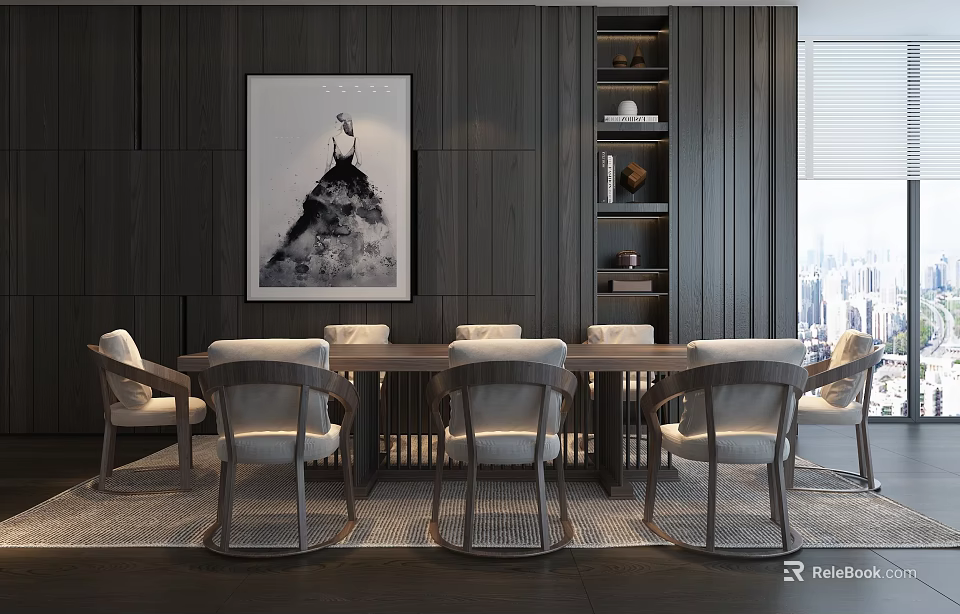 Modern Dining Table Set With Chairs Dark Wooden Wall Art And City View 3d model 