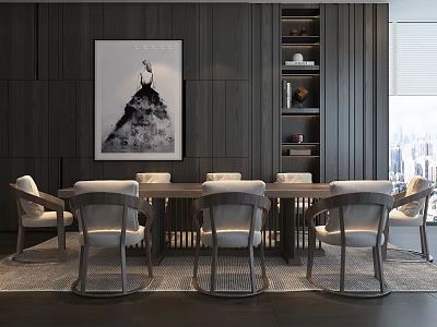 Modern Dining Table Set With Chairs Dark Wooden Wall Art And City View 3d model