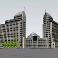 Modern Hotel Building With Tall Towers Glass Dome And Green Trees