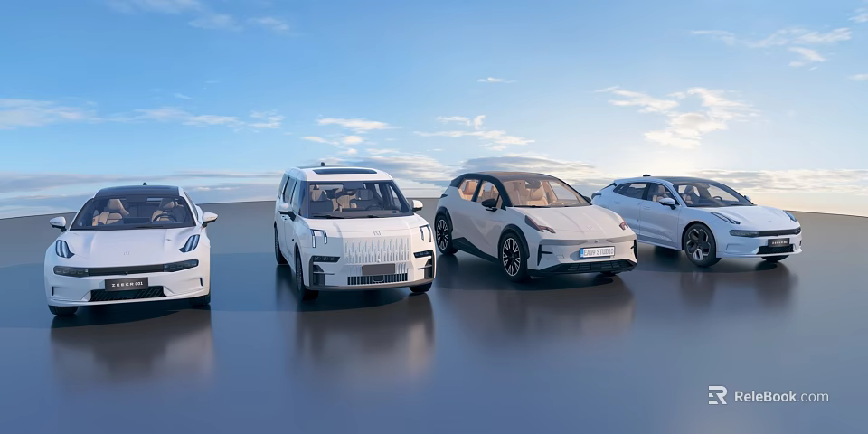 Four White Modern Cars Parked Side by Side on Reflective Ground With Blue Sky 3d model 