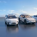 Four White Modern Cars Parked Side by Side on Reflective Ground With Blue Sky