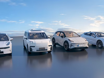 Four White Modern Cars Parked Side by Side on Reflective Ground With Blue Sky 3d model