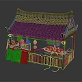 Traditional Chinese Wooden Pavilion With Tiled Roof Red Lanterns And Decorative Paper Umbrella