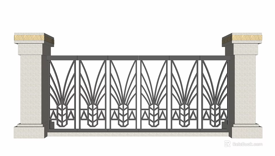 Building Exterior Wall Railing with Metal Ornate Floral Patterns and Light Colored Side Pillars 3d model 