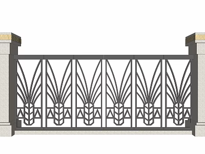 Building Exterior Wall Railing with Metal Ornate Floral Patterns and Light Colored Side Pillars 3d model