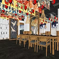Japanese Restaurant Interior Featuring Lantern Decorations Wooden Tables Chairs And Wine Racks