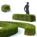 Various Pruned Shrub Forms In Garden Landscape Design With Human Silhouette