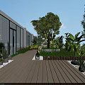 Modern Water Fountain Feature In Outdoor Terrace With Green Plants And Glass Building Design