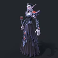 Elven Woman in Dark Gown with Red Silver Accents holding Wine Glass