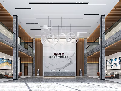 Modern Front Desk Reception Area With Marble Backdrop Chandelier Sofa And Double Height Ceiling 3d model