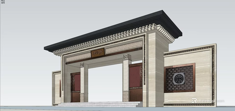 Chinese Traditional Entrance Gate With Black Roof White Walls Red Doors And Circular Lattice Windows 3d model 