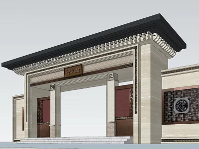 Chinese Traditional Entrance Gate With Black Roof White Walls Red Doors And Circular Lattice Windows 3d model