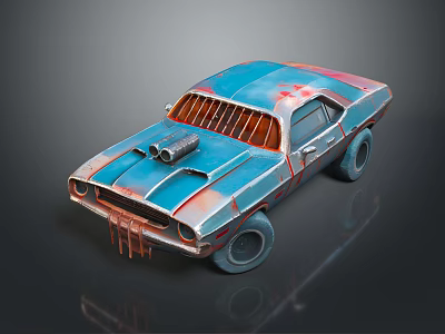 Vintage Blue Car With Rusty Details Front Grille And Hood Exhaust Pipes 3d model