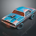 Vintage Blue Car With Rusty Details Front Grille And Hood Exhaust Pipes