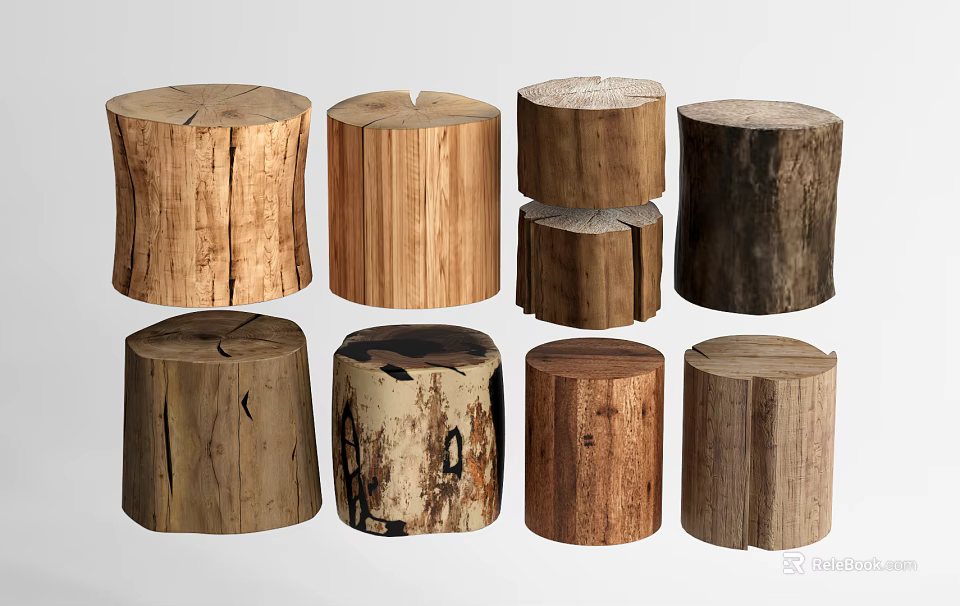 Natural Wood Tree Stump Stools With Various Textures And Rustic Design 3d model 