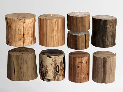 Natural Wood Tree Stump Stools With Various Textures And Rustic Design 3d model