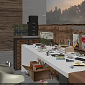 Spacious Public Office Space With Wooden Tables Hanging Lights Lake Sunset View And Large Windows