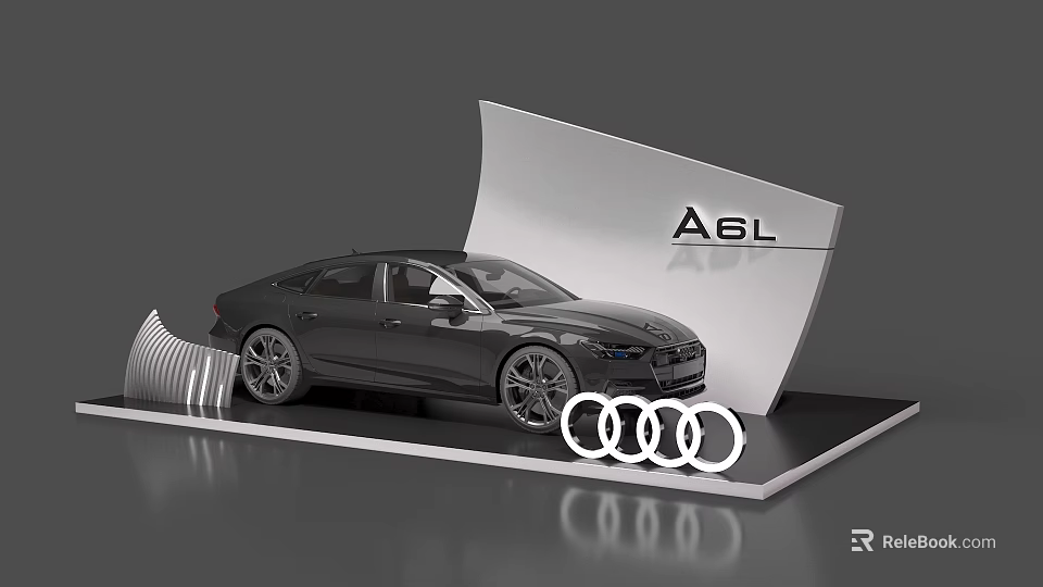 Audi A6L Gray Sedan Showcase With Brand Logo On Modern Display Stand 3d model 