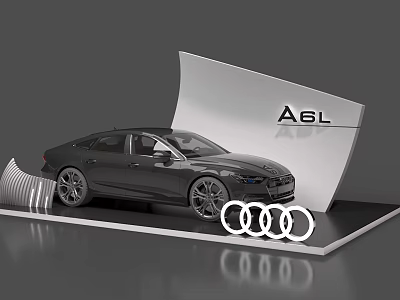 Audi A6L Gray Sedan Showcase With Brand Logo On Modern Display Stand 3d model