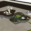 Modern Coffee Tables Set Wooden And Patterned With Fruits Books Flower Vase On Beige Rug