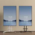 Two Modern TVs on Wheeled Stands with Scenic Background and Time Display Icons