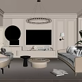 Modern Living Room Interior Design With Beige Sofa Round Coffee Table And Crystal Chandelier