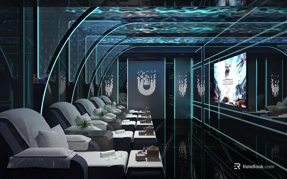 Modern KTV Interior Design With Comfortable Seats Large Screen And Neon Lighting 3d model 