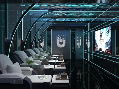 Modern KTV Interior Design With Comfortable Seats Large Screen And Neon Lighting 3d model