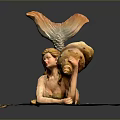 Elegant Mermaid Sculpture With Flowing Golden Hair Holding Large Seashell And Orange Blue Tail