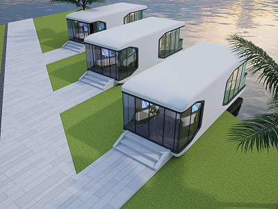 Modern White Guesthouse Buildings With Glass Windows By Waterfront Lawn And Palm Trees 3d model