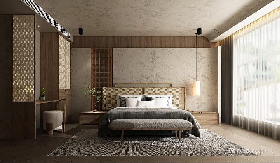 Hotel Room Interior With Modern Wooden Furniture Woven Headboard Gray Rug And Green Plants 3d model 