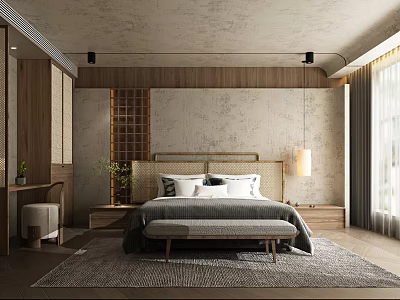 Hotel Room Interior With Modern Wooden Furniture Woven Headboard Gray Rug And Green Plants 3d model