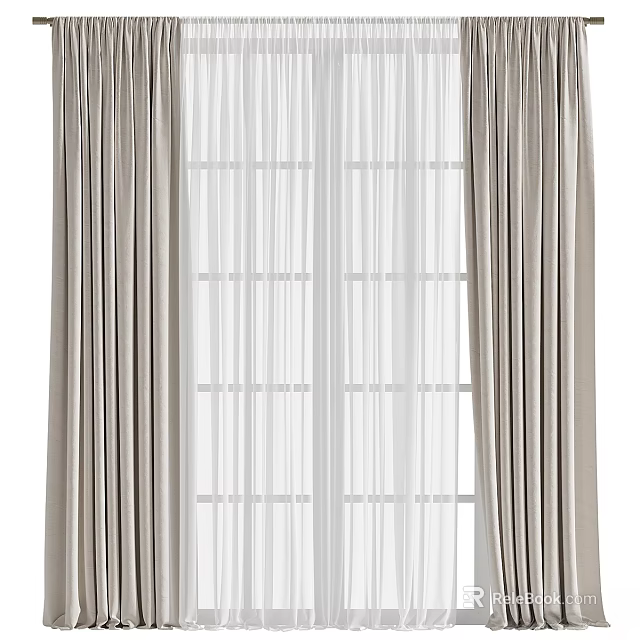 Elegant Beige Curtains With Sheer Layers And Soft Draped Design For Window 3d model 