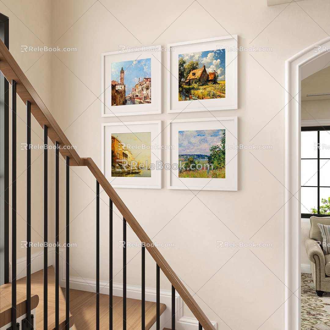 Corridor Staircase Railing Corridor Display Photo Frame Combination Simple Corridor Picture Frame Combination Photo Frame Combination Homestay Details 3d model