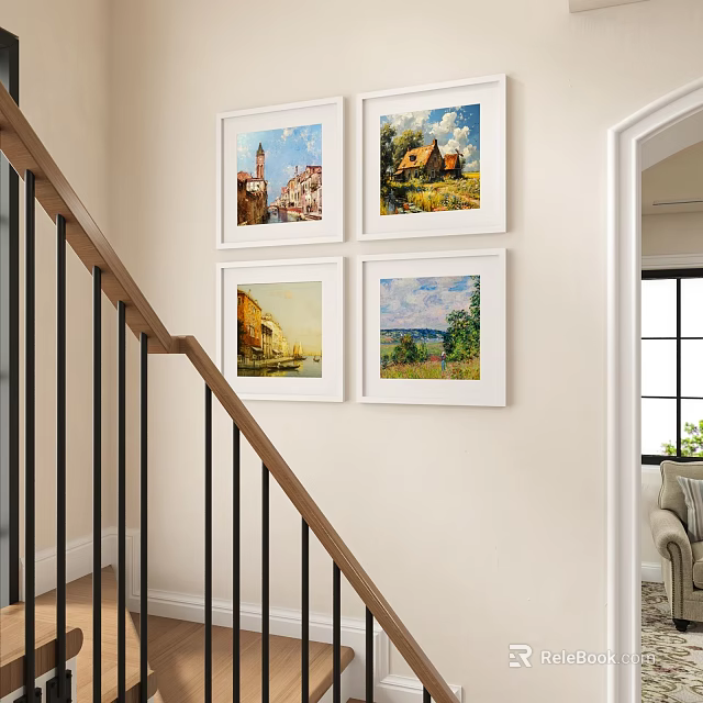 Four Framed Landscape Paintings On Staircase Wall With Village And River Views 3d model 