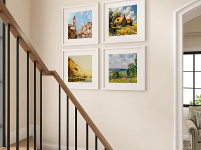 Four Framed Landscape Paintings On Staircase Wall With Village And River Views 3d model