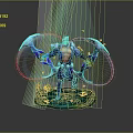 Powerful Game Character In Ornate Armor With Blue Energy Wings Standing On Green Pedestal