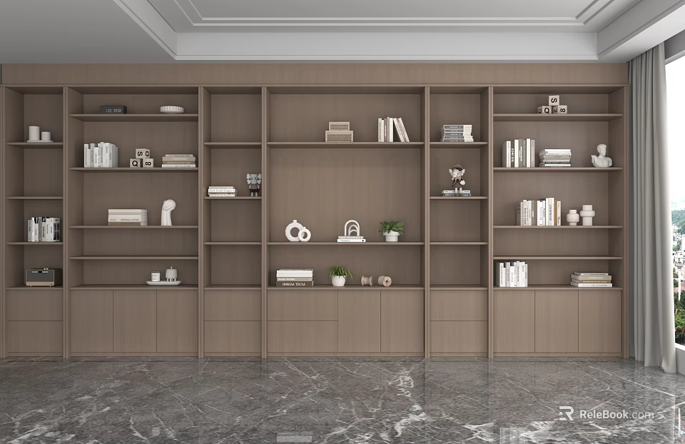 Modern Wooden Storage Shelves With Multiple Layers Books Decorative Items And Plants In Interior Space 3d model 