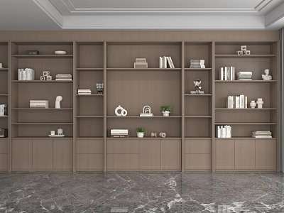 Modern Wooden Storage Shelves With Multiple Layers Books Decorative Items And Plants In Interior Space 3d model